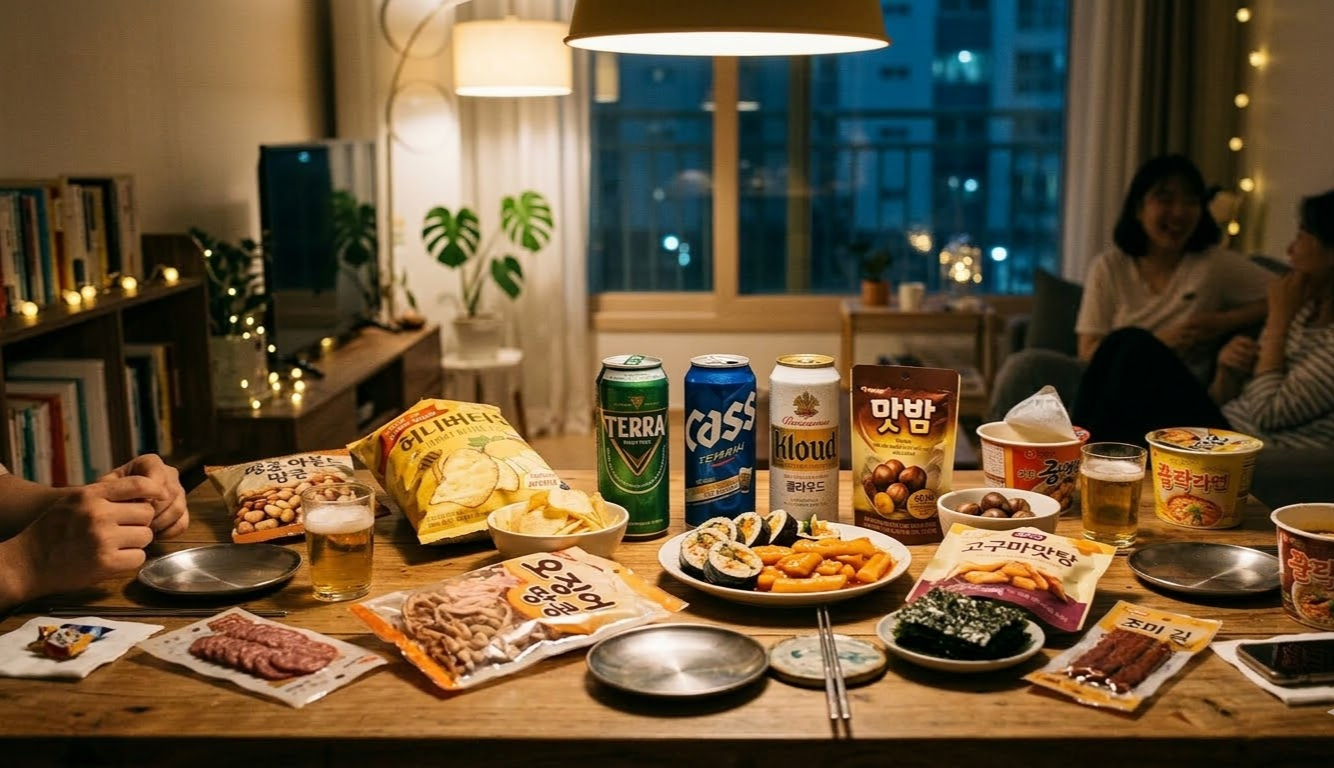편의점에서 쉽게 구할 수 있는 직화 곱창과 캔맥주가 놓인 친근한 모습입니다.