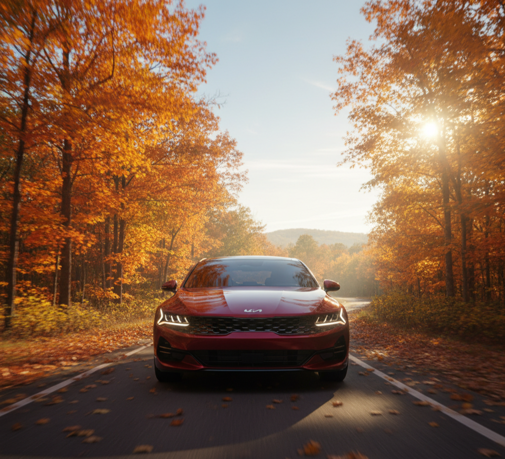 가을 단풍길을 달리는 세련된 기아 K8 차량