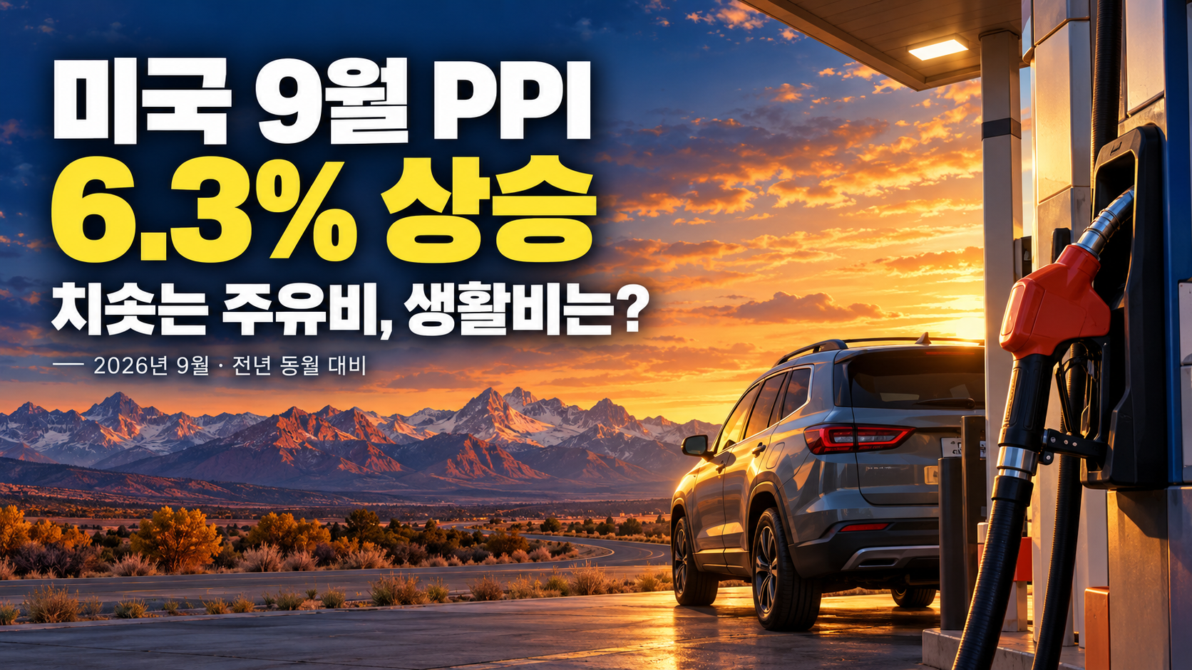 미국 주유소와 자동차를 배경으로 2026년 9월 PPI 전년 동월 대비 6.3% 상승과 주유비 부담을 설명하는 썸네일
