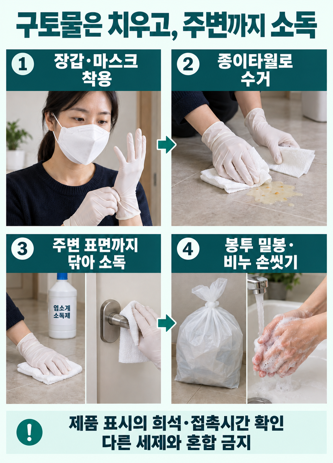 마스크·장갑 착용, 종이타월 수거, 주변 표면까지 닦아 소독, 봉투 밀봉과 비누 손씻기의 실제 사진 과정. 희석비를 임의로 넣거나 세제를 혼합하지 않음.