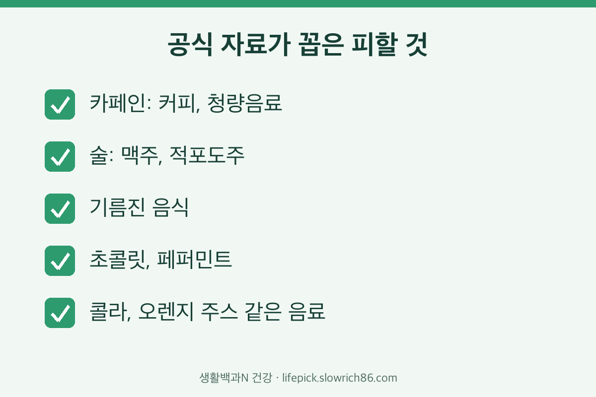 역류성 식도염에 나쁜 음식 목록 카페인 술 기름진 음식 초콜릿 페퍼민트