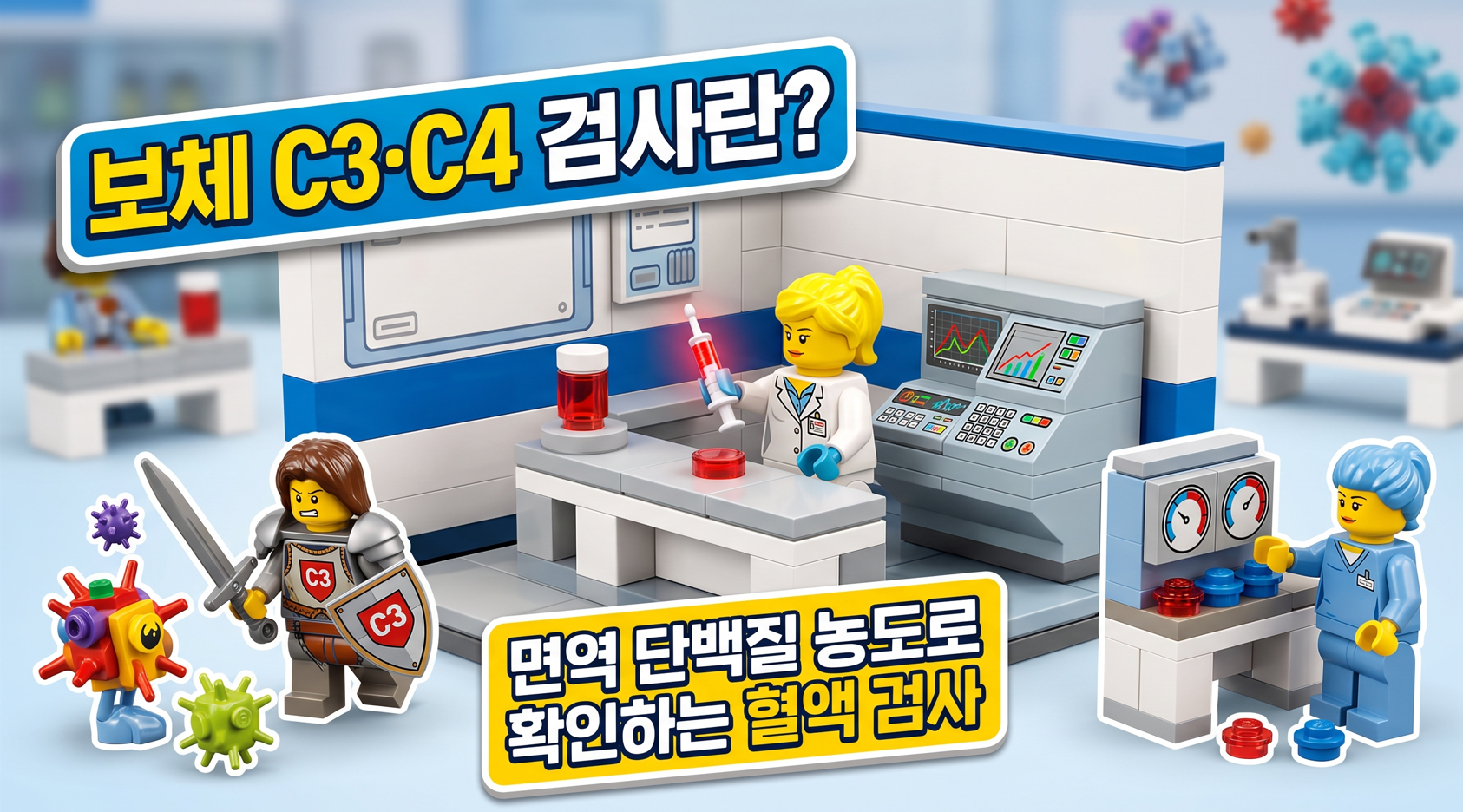 보체 C3·C4 검사 개요와 면역 단백질 농도 측정 개념을 설명하는 레고 디오라마