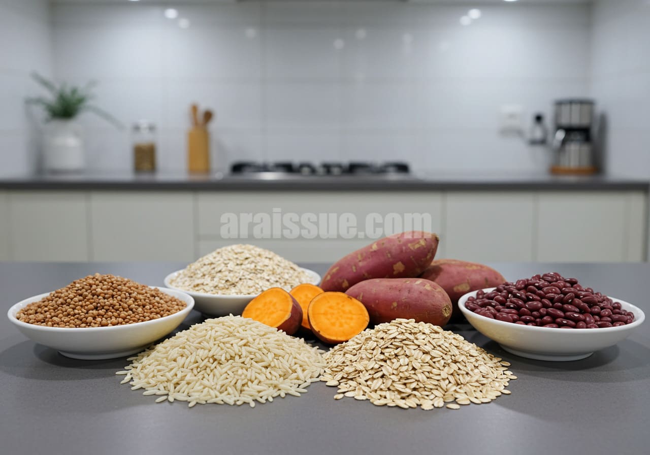 한국 주방에서 현미, 귀리, 고구마, 콩류가 테이블 위에 놓인 장면