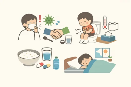 바이러스성 장염 전염 경로와 회복 관리 기준을 시각적으로 정리한 이미지5