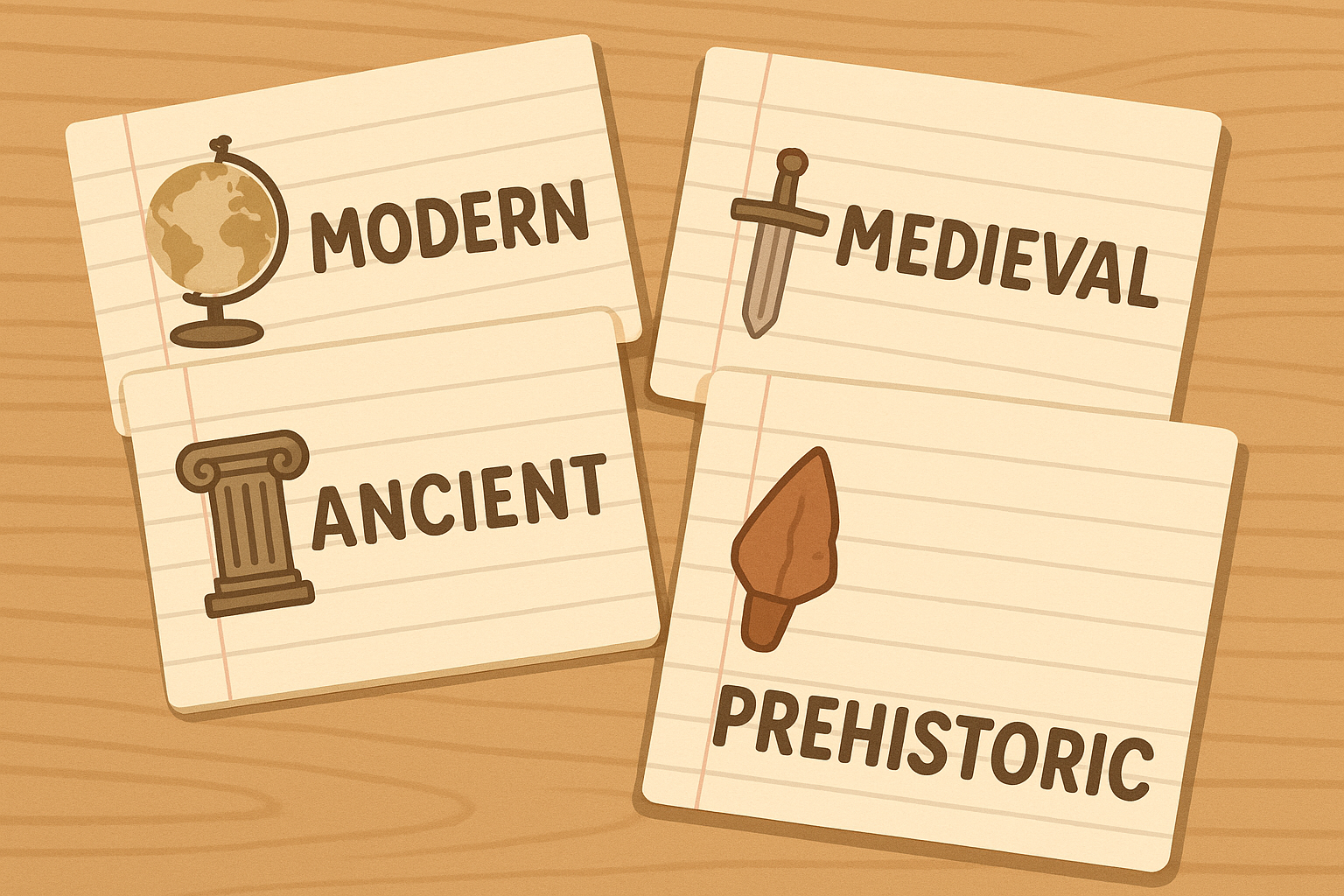 나무책상위-줄노트4장-선사시대-고대-중세-근대-돌도끼-기둥-검-지구본-따뜻한분위기