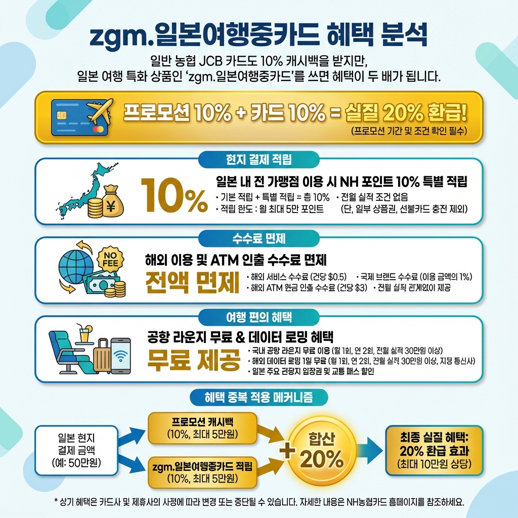 zgm일본여행중카드_혜택분석_10퍼센트적립_수수료면제_중복20퍼센트_요약인포그래픽