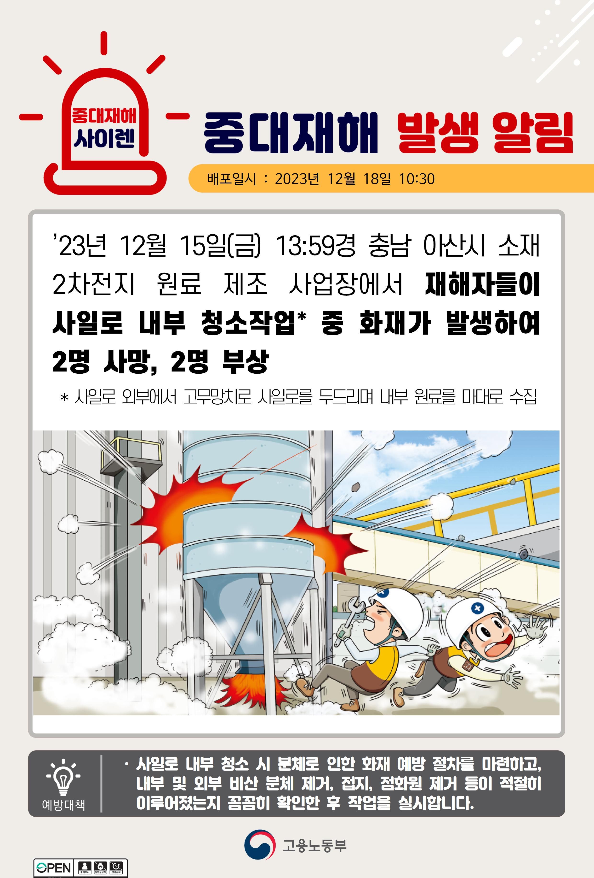 사일로 내부 청소작업 중 화재발생