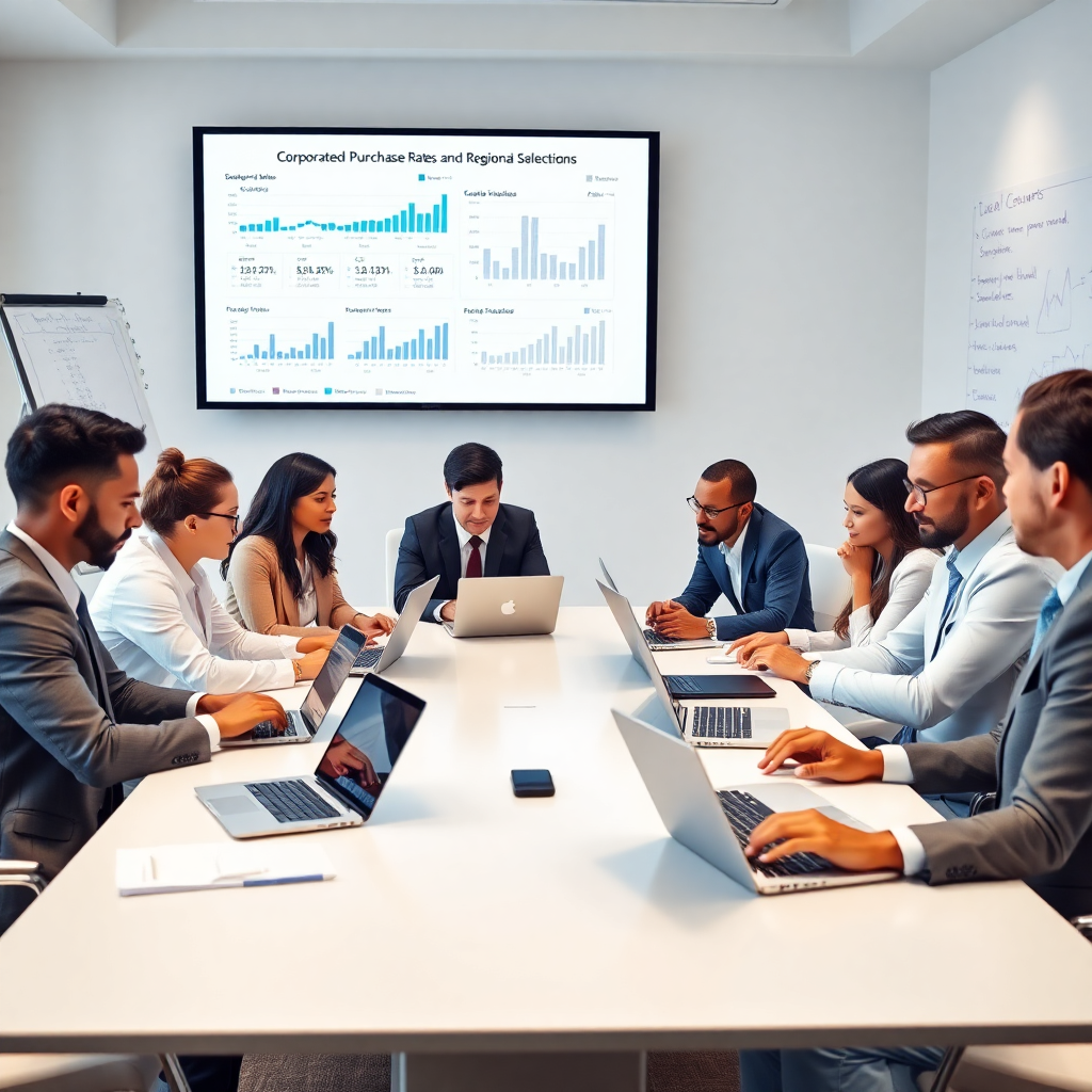 회의실에서 노트북이나 태블릿으로 데이터를 검토하며 효율적인 방안을 논의하는 비즈니스맨들의 모습입니다. 차분하고 전문적인 분위기로 기업의 의사 결정 과정을 나타냅니다.