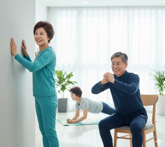 50대 남여가 전신 순환 운동을 하는 모습