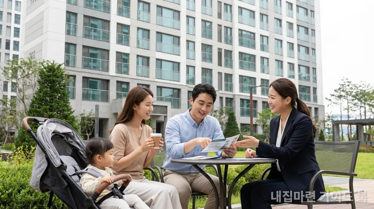버팀목 전세자금 대출 상담을 받는 한국인 신혼부부와 아이