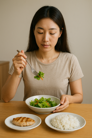 샐러드 &rarr; 단백질 &rarr; 밥 순서로 식사하는 한국인 여성
