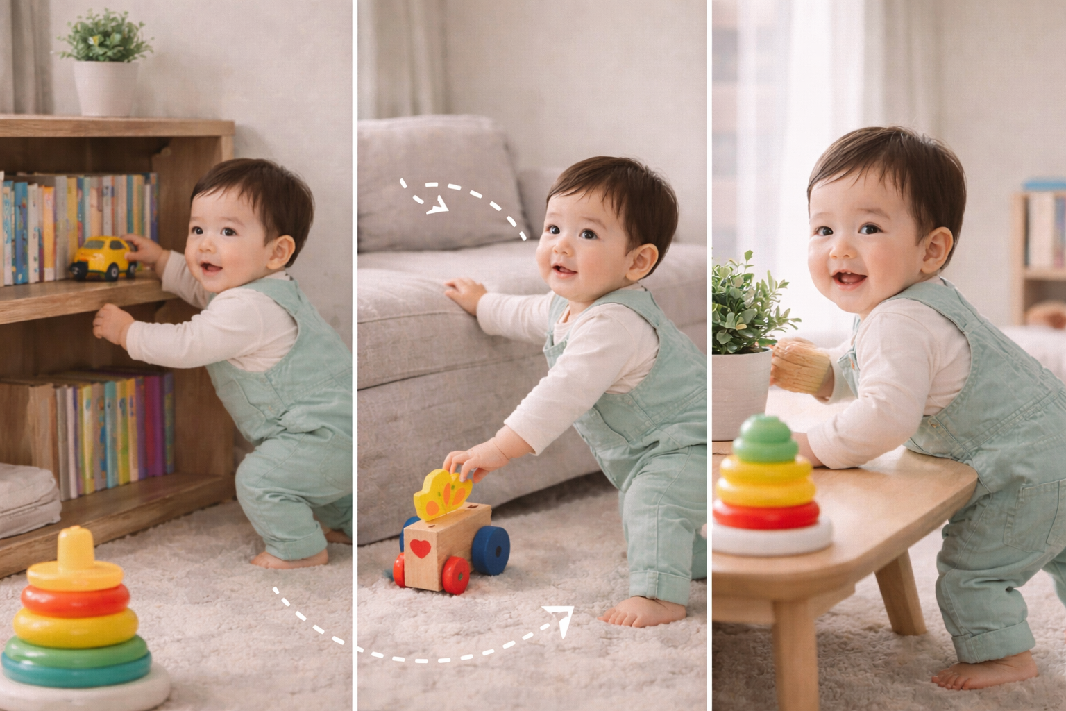 영아전환기 주변 사물을 계속 탐색하며 움직이는 아기 모습