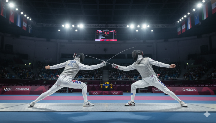 펜싱 선수들이 경기하는 모습