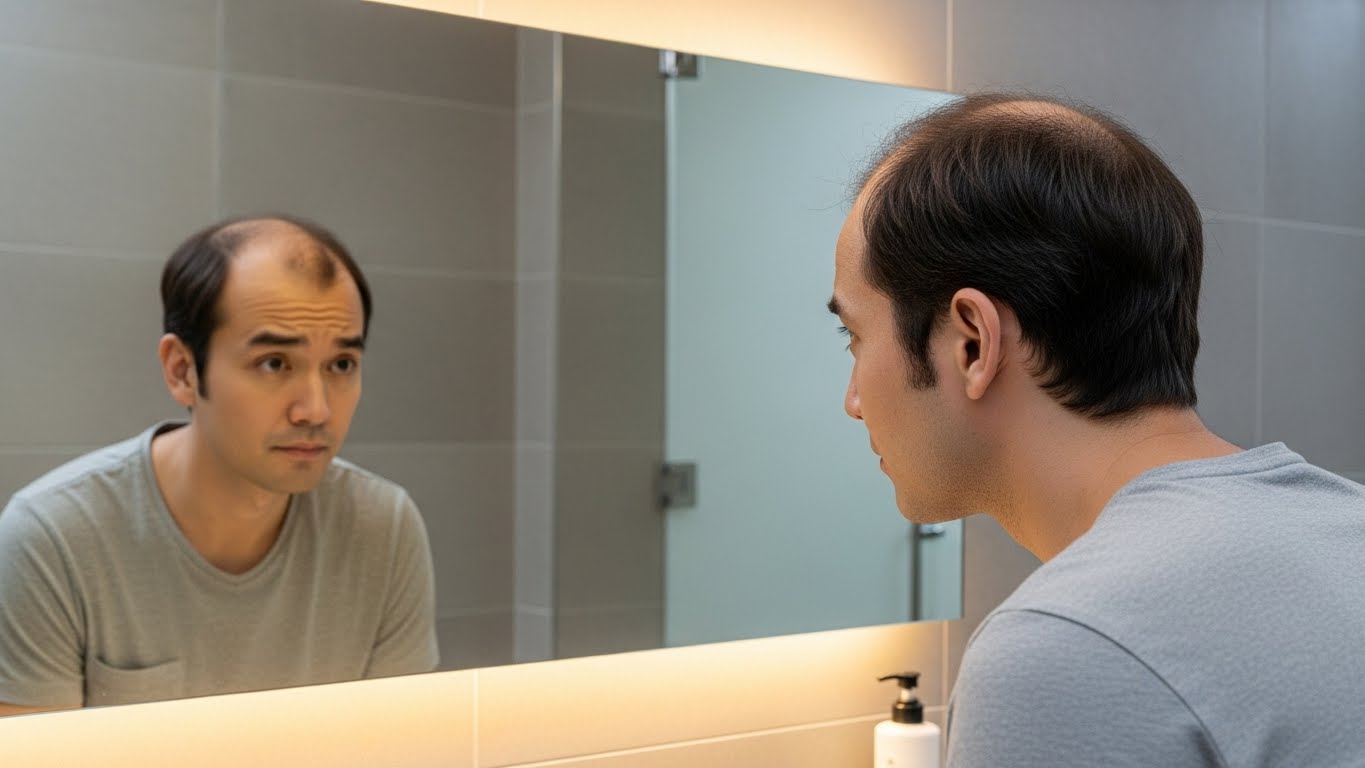 대머리 남성이 거울을 보고 있는 이미지