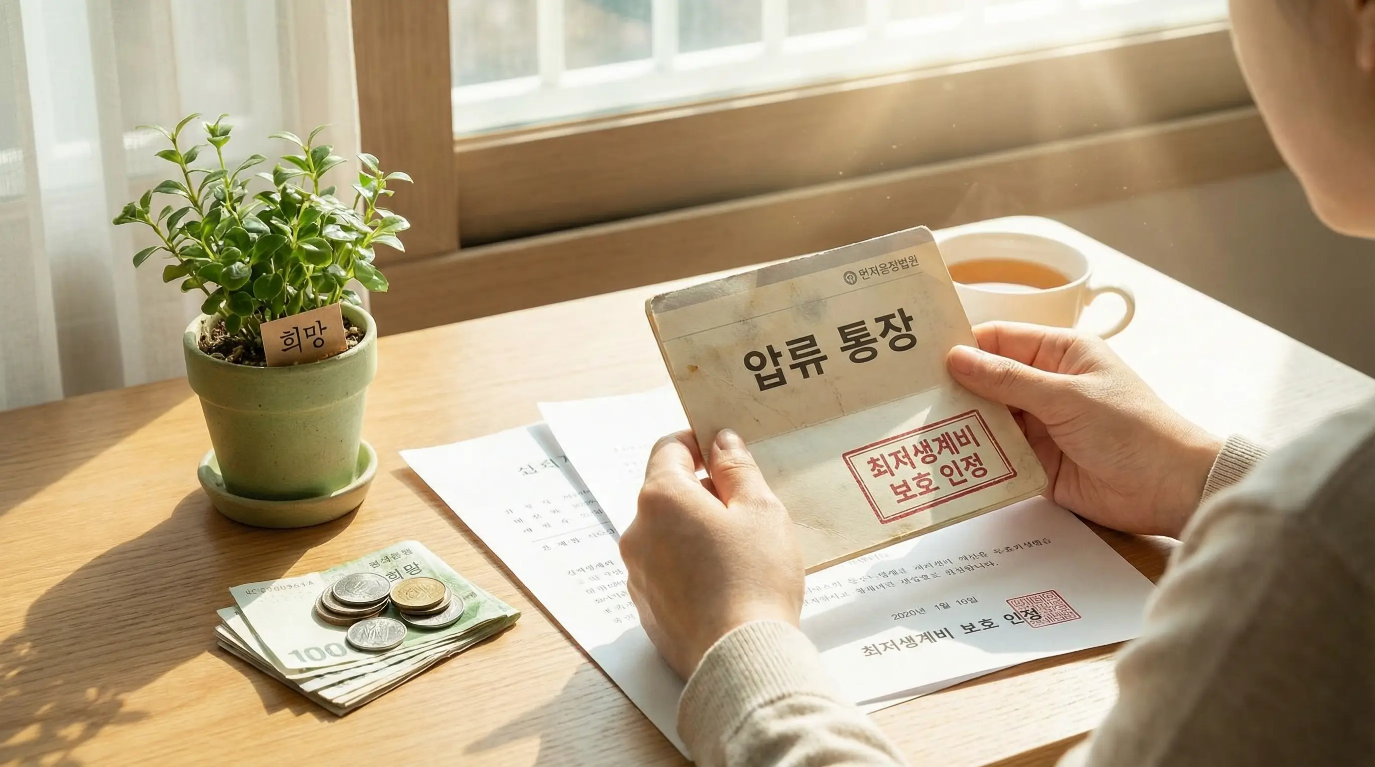 법원의 보호를 받아 압류된 통장에서도 최저생계비를 지켜내는 희망적인 이미지