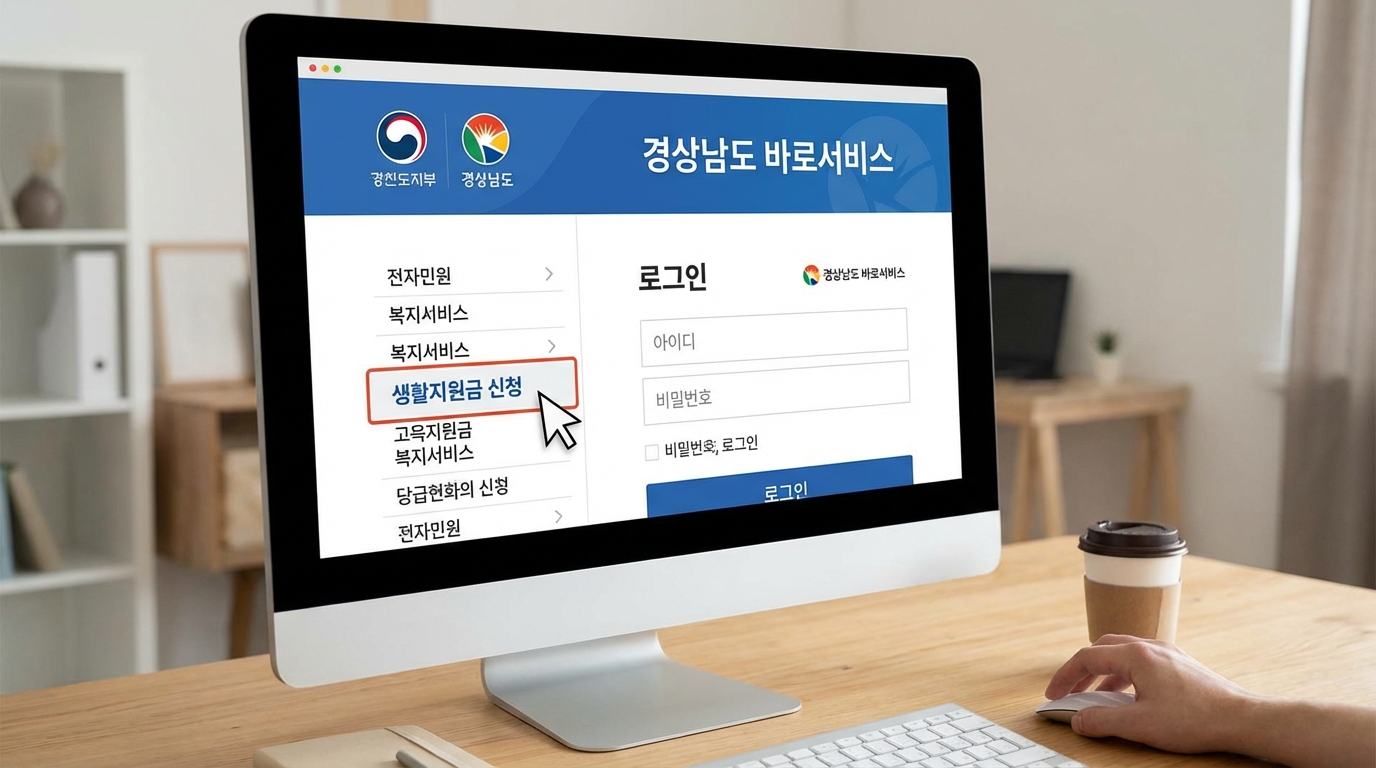 경남바로서비스 홈페이지 로그인 및 생활지원금 신청 메뉴 접속 화면