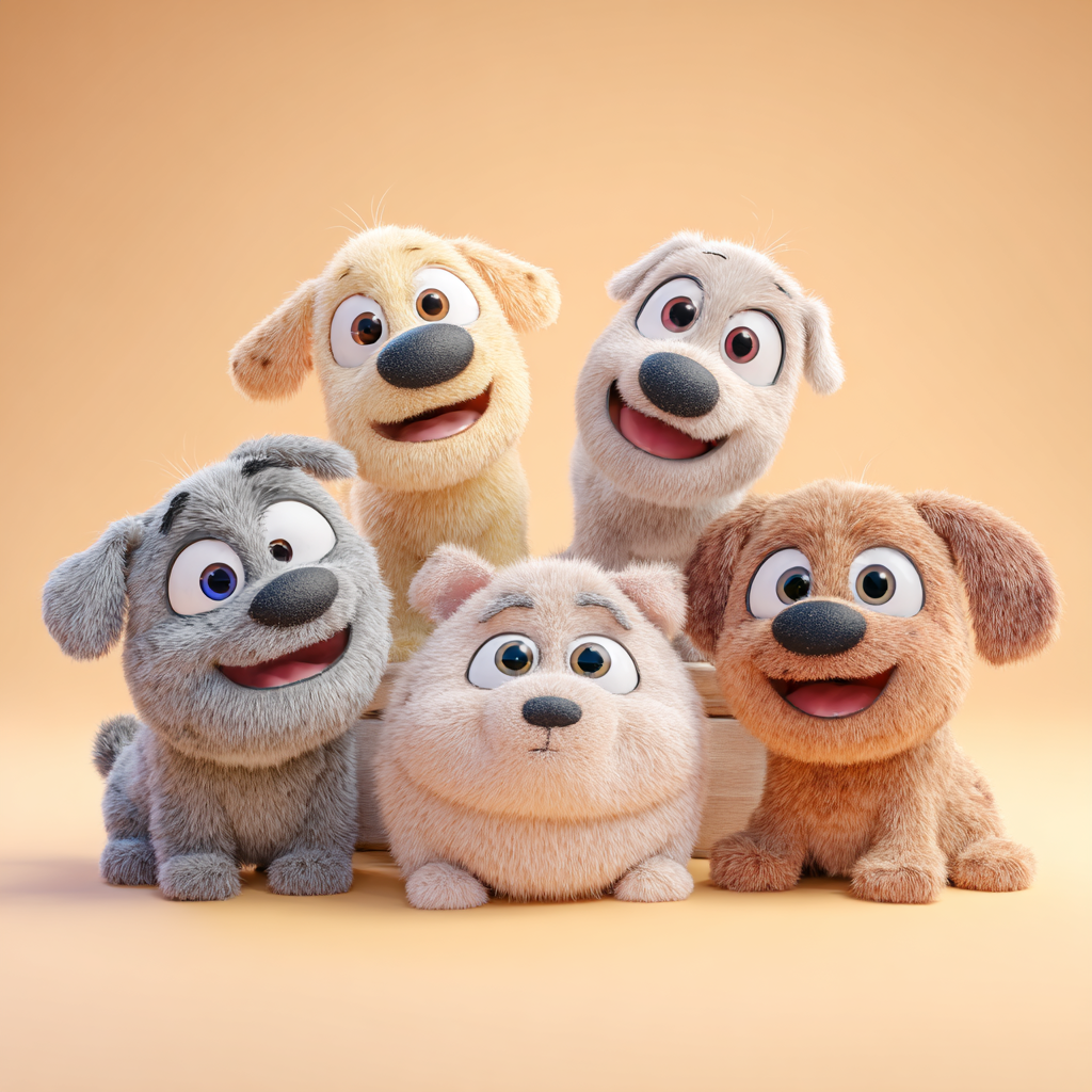 밝은 실내 공간에서 모여있는 귀여운 강아지, 픽사스타일 일러스트