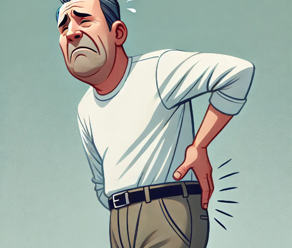 엉덩이 쪽의 통증을 호소하는 남자의 모습을 그린 삽화