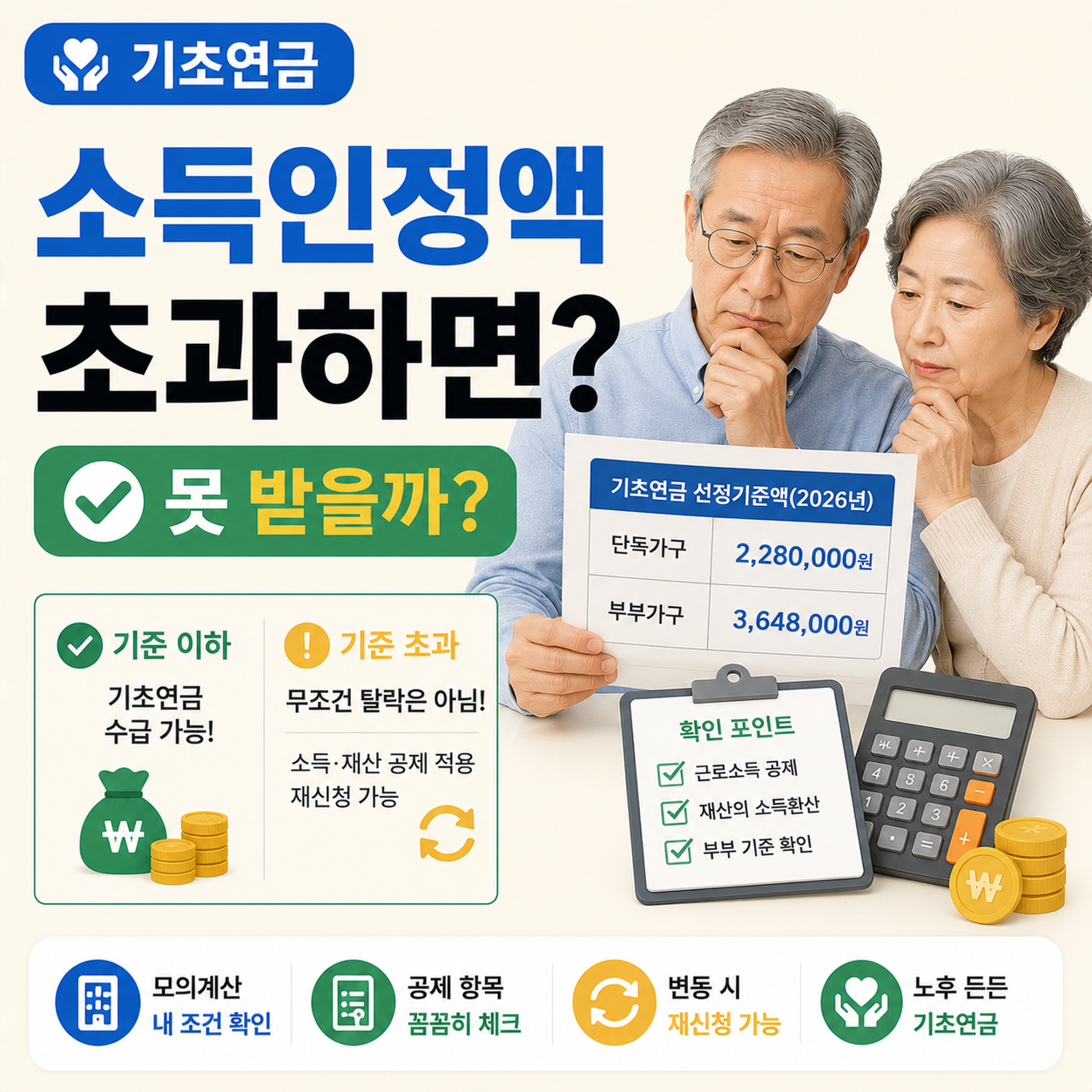 기초연금 소득인정액 기준과 초과 여부를 확인하는 이미지