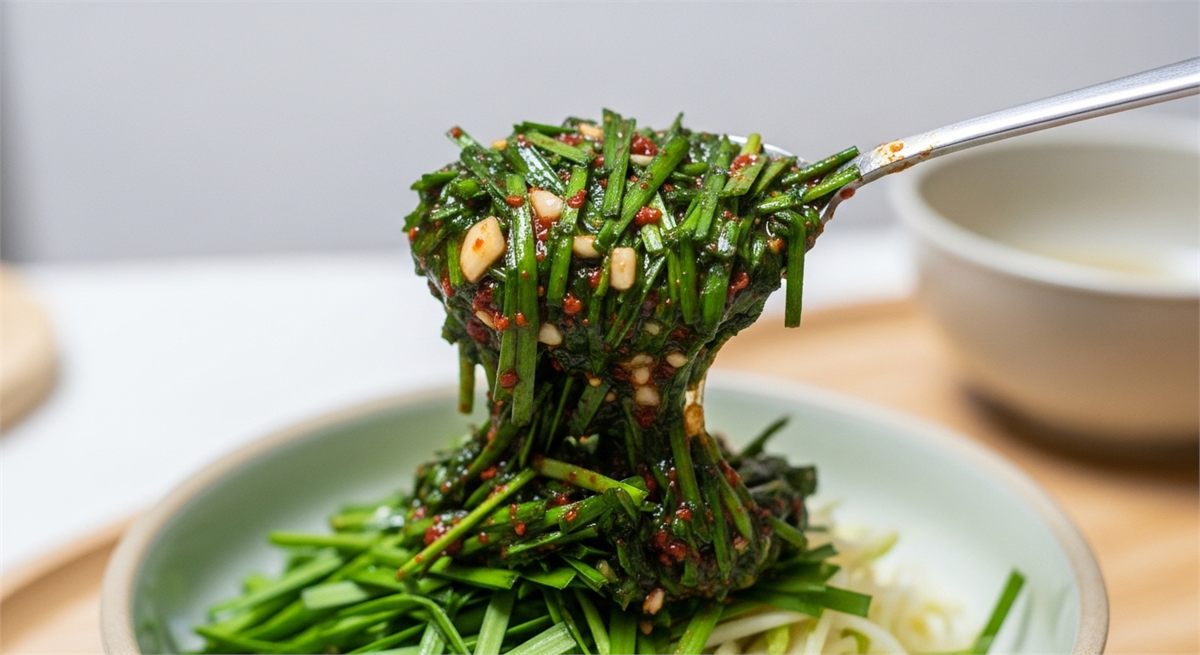 숟가락으로 양념 농도를 확인하는 클로즈업 장면 