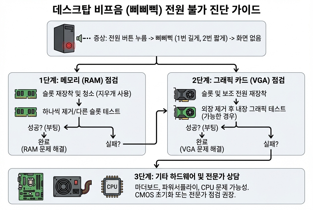 비프음, 전원안켜짐, 파워서플라이, 메인보드, 램불량, 그래픽카드, CMOS배터리, 부팅오류, POST, 데스크탑수리