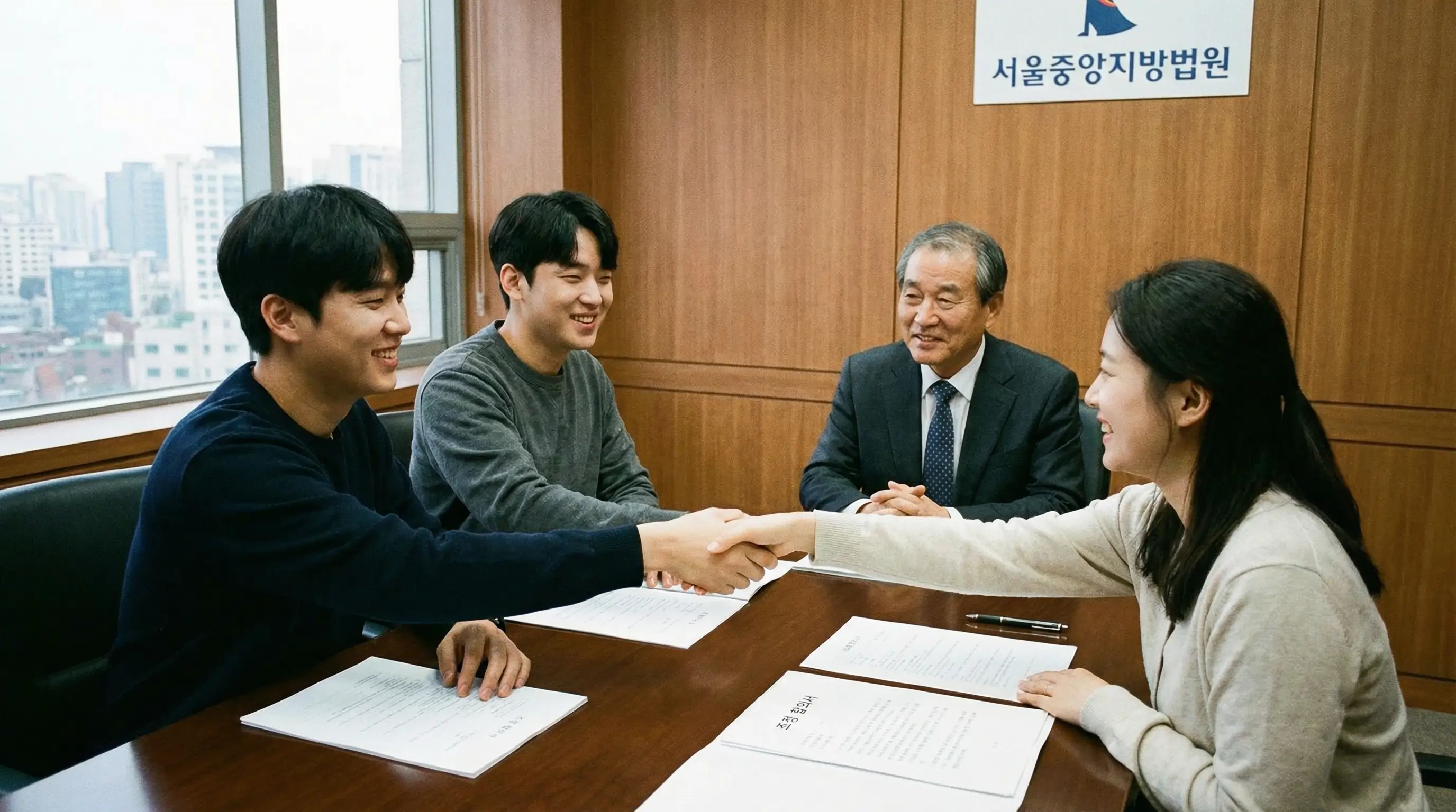 법원 조정실에서 한국인 형제자매가 조정위원의 중재 하에 상속 분쟁에 대해 합의점을 찾으며 대화하는 모습