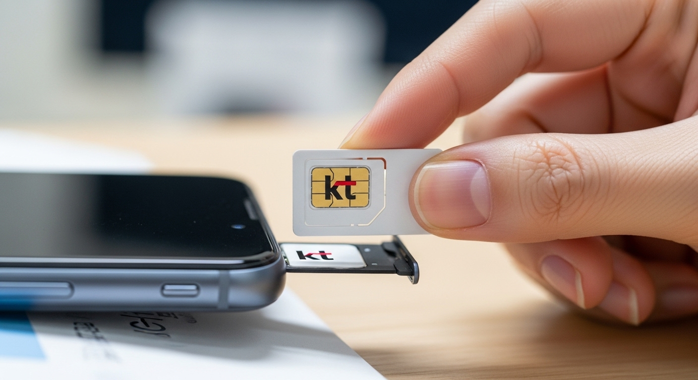 새로운 KT 유심을 스마트폰 유심 트레이에 조심스럽게 장착하는 손의 모습