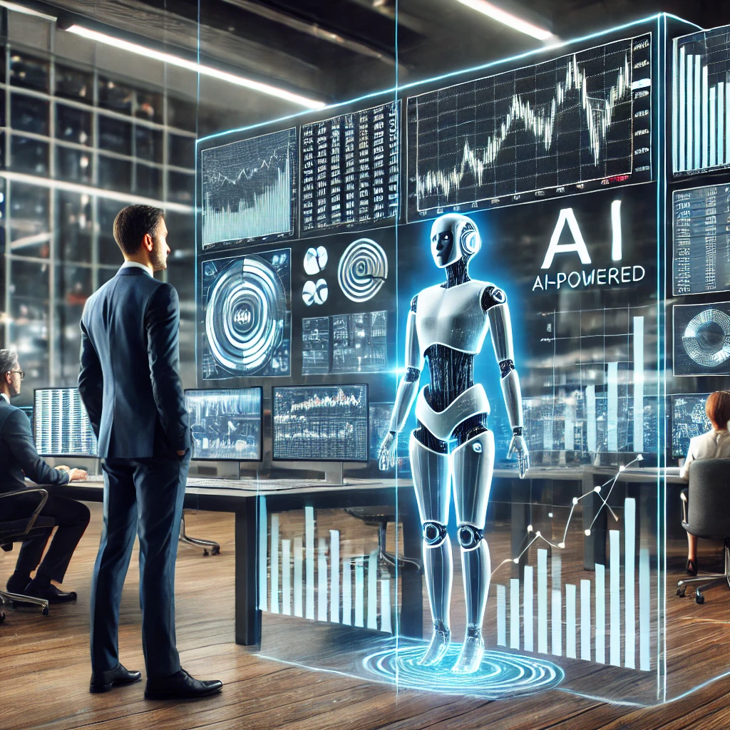 "현대적인 금융 거래 데스크, AI가 주식 시장 분석을 지원하는 장면. 실시간 그래프와 차트를 분석하는 비즈니스맨과 AI 홀로그램."