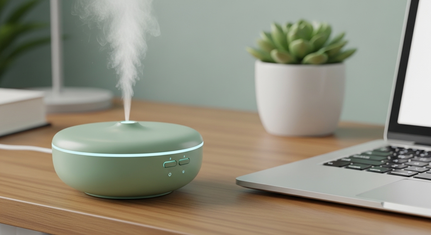 책상에 놓인 USB 아로마 디퓨저에서 은은한 미스트가 나오는 모습. 옆에는 노트북과 작은 식물이 있어 편안하고 생산적인 분위기를 연출한다.
