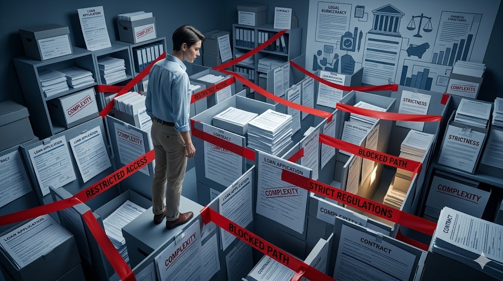 복잡한 대출 서류와 규제 표지판 사이에서 고민하는 다주택자의 모습