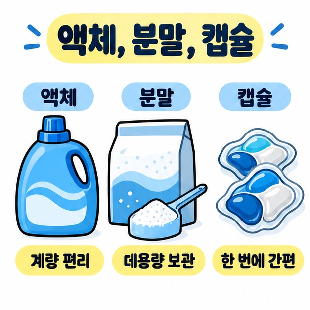 액체형, 분말형, 캡슐형 세탁세제를 세 가지 용기와 형태로 비교한 카드