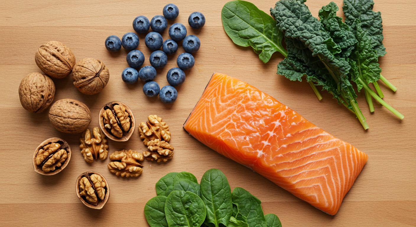 뇌 건강에 좋은 지중해식 식단 음식들 (연어, 채소, 견과류)