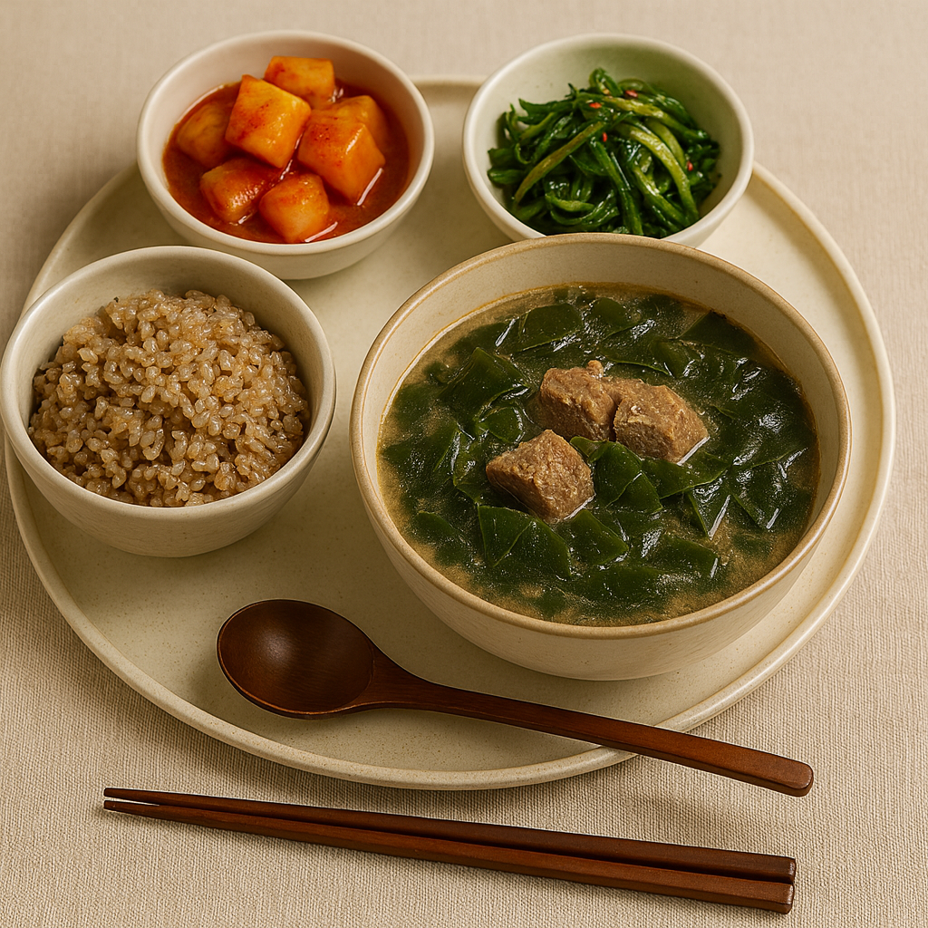 궁합에 좋은 들깨미역국, 현미밥, 깍두기, 부추무침