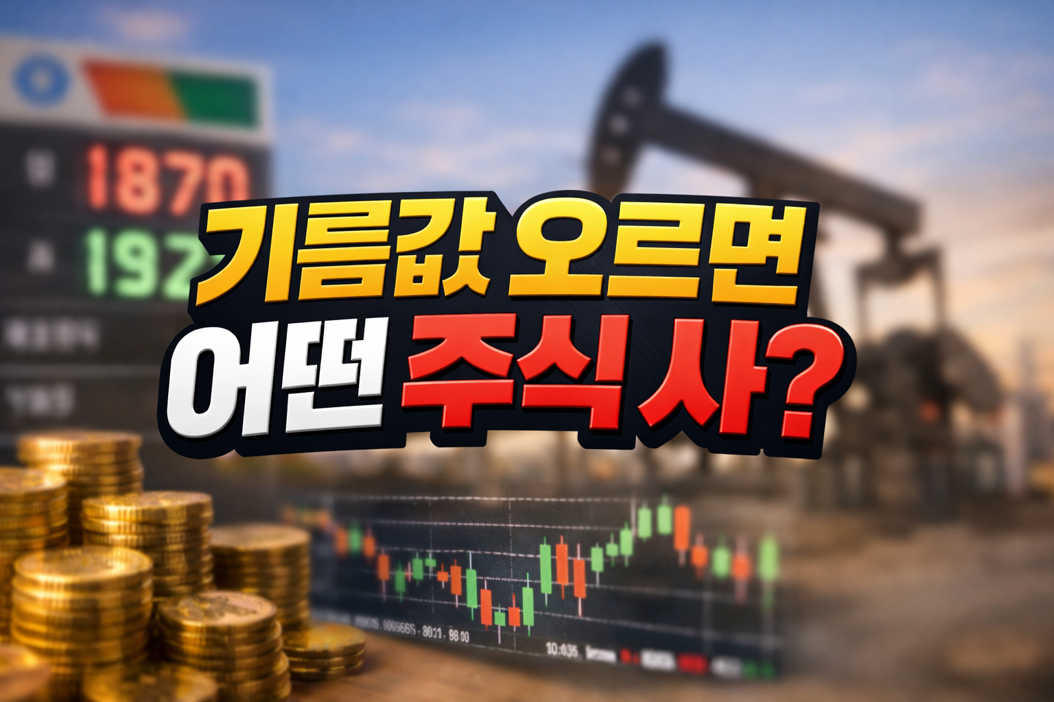 기름값 오르면 어떤 주식이 오르는지 설명하는 경제 콘텐츠 썸네일, 유가 전광판 숫자와 원유 펌프잭, 캔들 차트 및 금화 이미지가 함께 배치된 장면