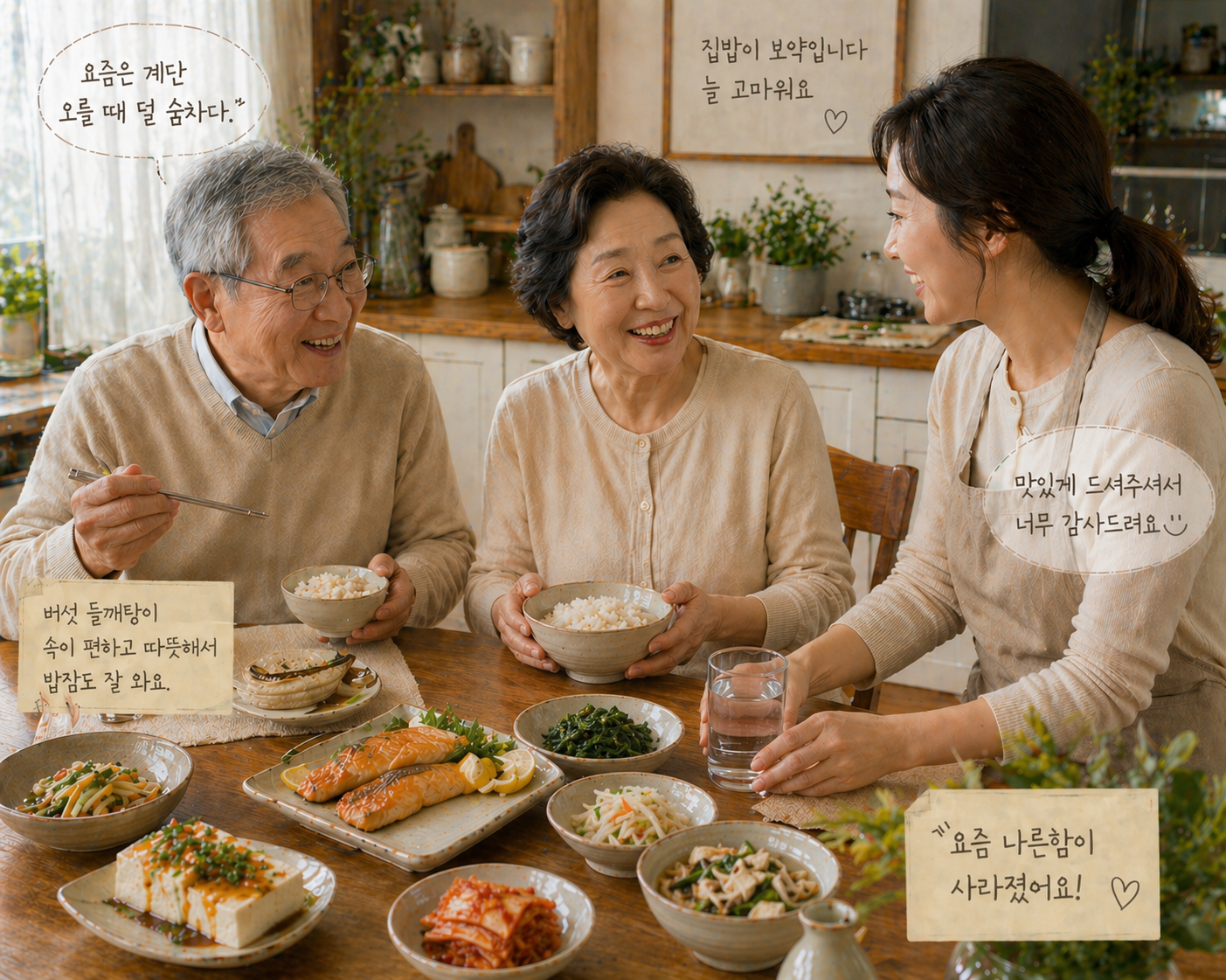 노부부가 며느리와 함께 식탁에 앉아 건강한 집밥을 먹으며 감사의 마음을 나누는 따뜻한 가족 식사 장면