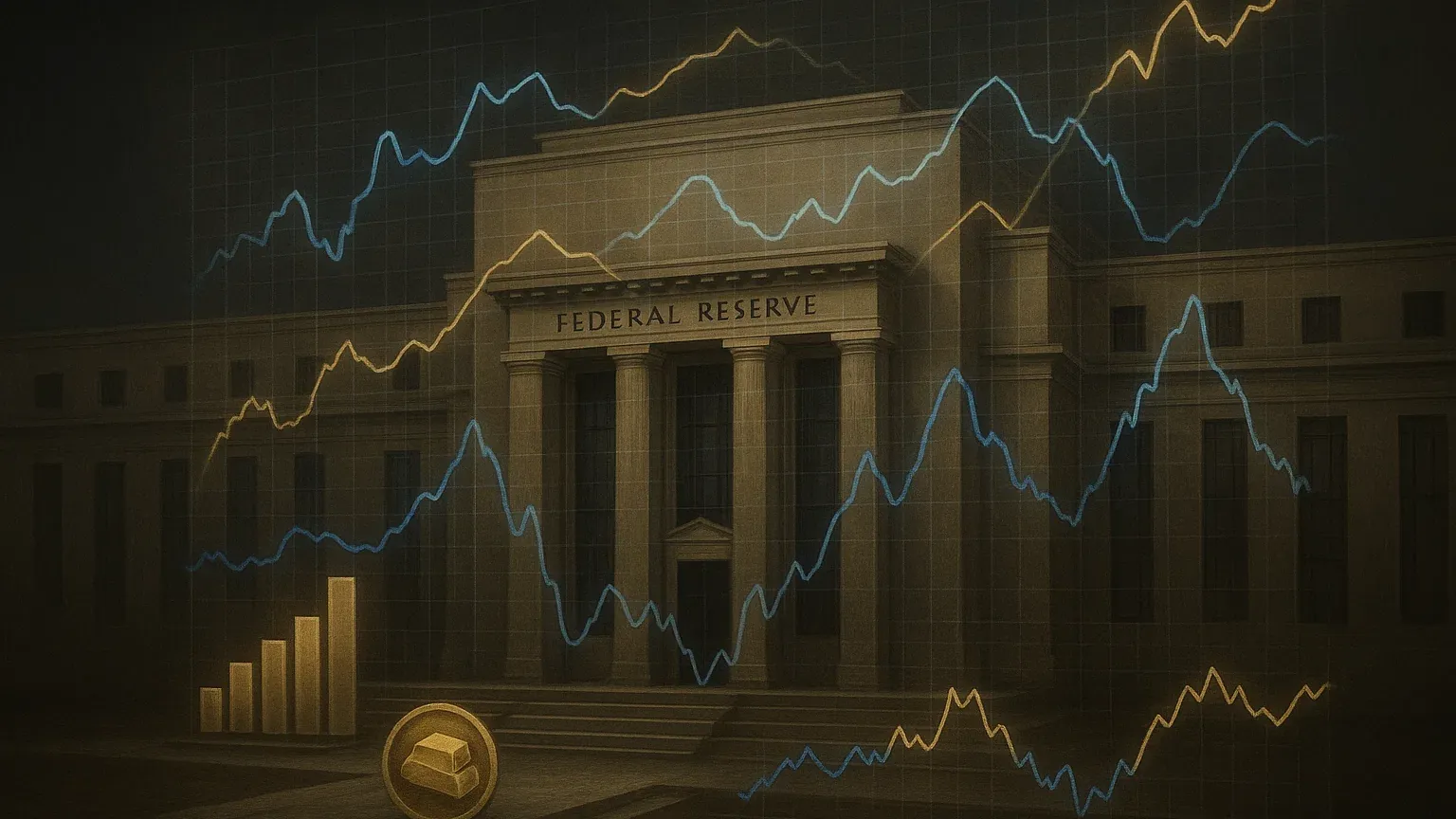 미국 연준 건물과 경제 지표 차트가 결합된 전문적인 투자 분석 이미지