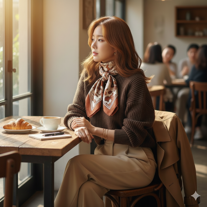 기본 니트 위에 실크 스카프를 예쁘게 맨 여성의 클로즈업 샷