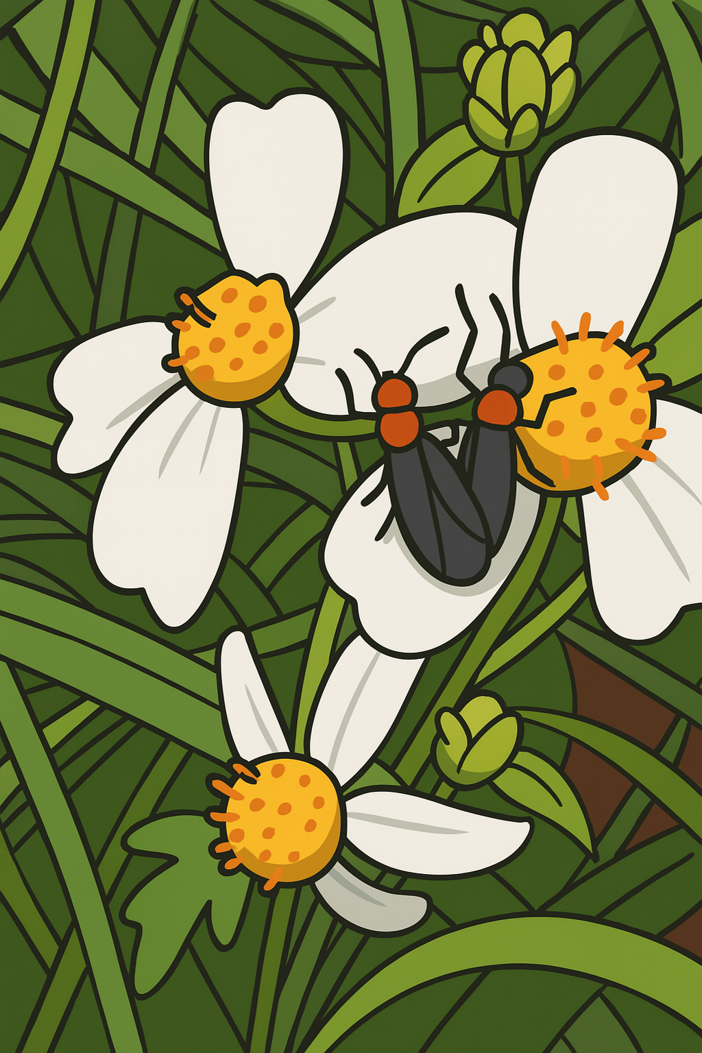 짝짓기 중인 개체 – 서로 맞붙어 있는 형태가 잘 드러나며, 주변 식물 위 또는 공중에서 비행 중인 모습이 확인됩니다.