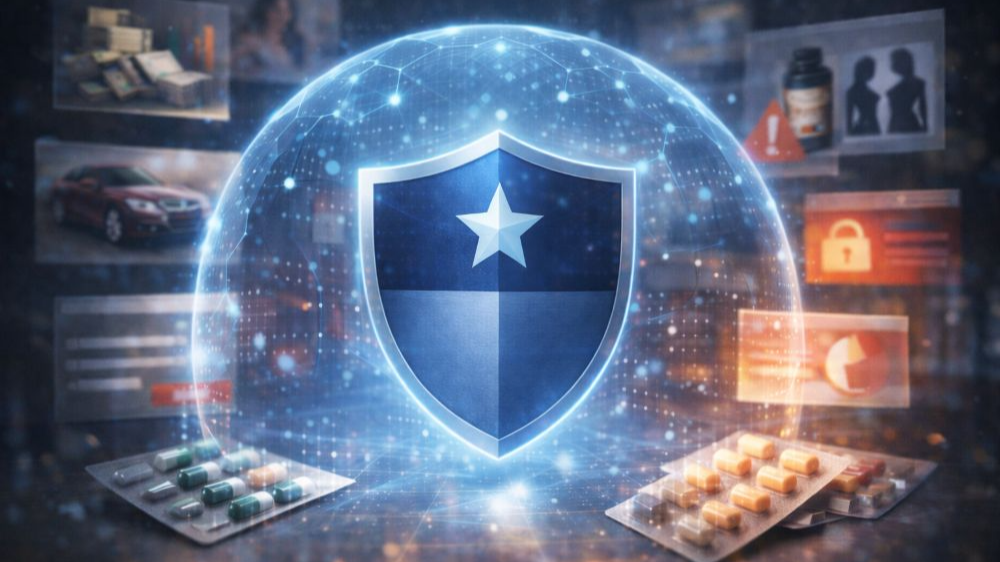 디지털 배경 속에서 방패가 광고 요소를 막아내는 듯 표현된 추상적 연출 이미지로, 온라인 사기 광고에 대한 보호와 규제를 상징