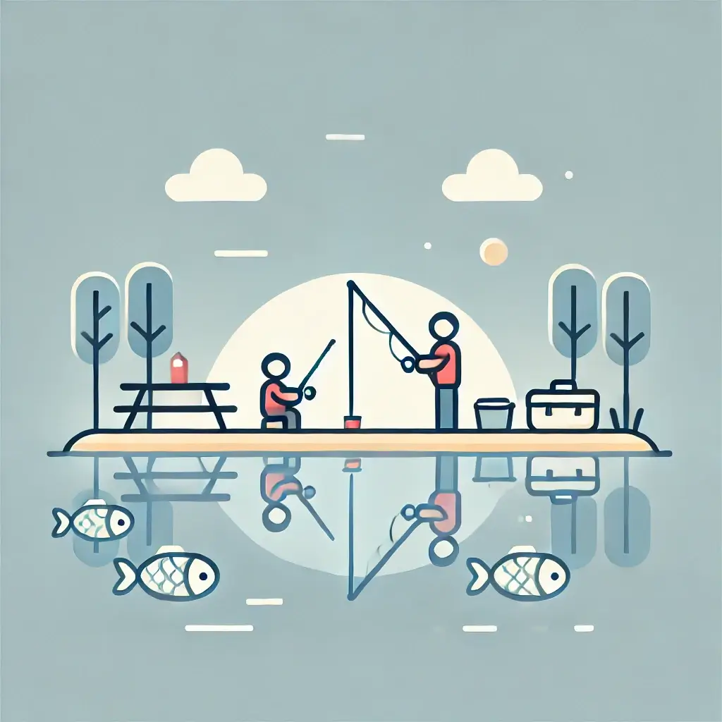 호숫가에서 가족이 낚시를 즐기고 있는 장면.