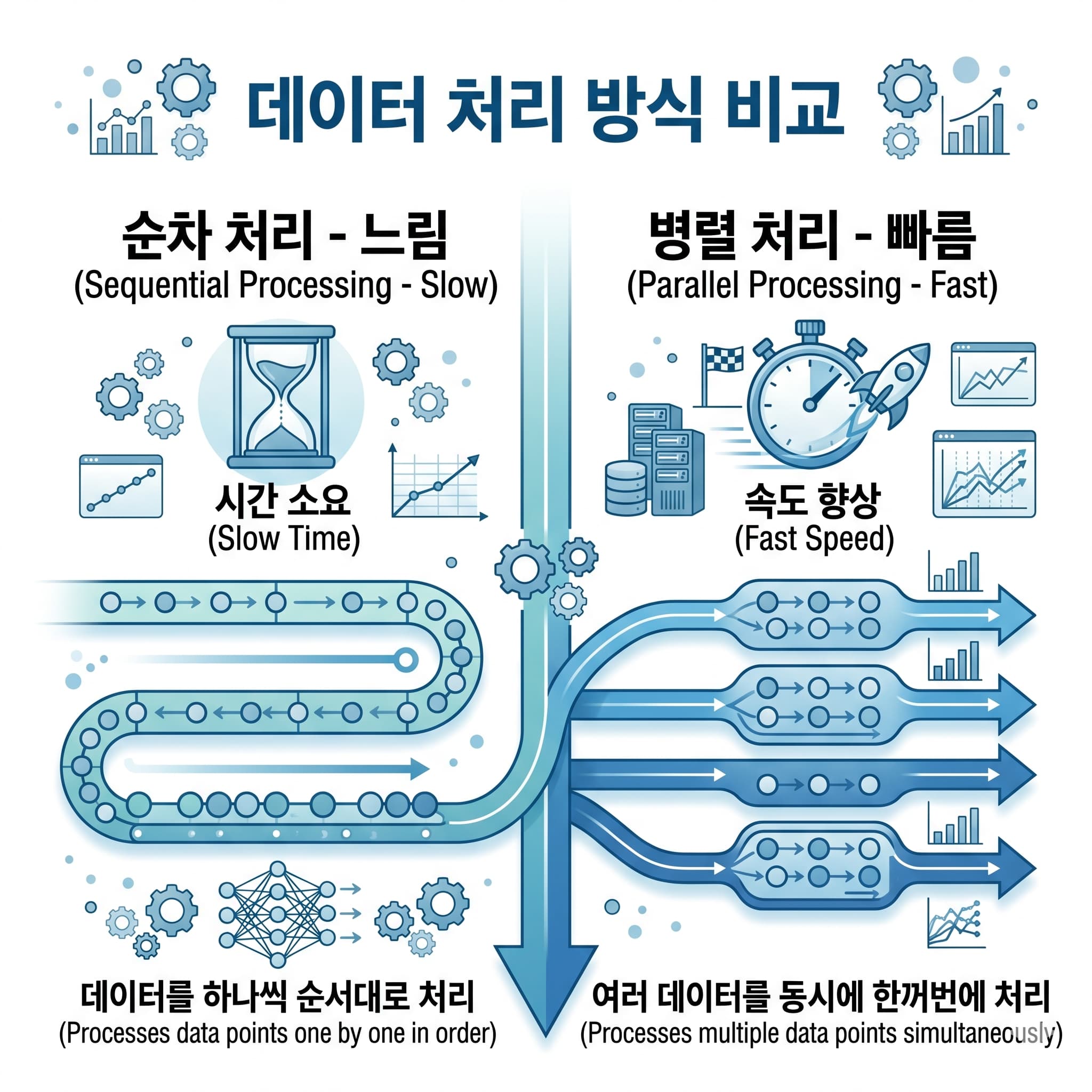 데이터를 하나씩 순차 처리하는 방식과 행렬로 병렬 처리하는 방식의 속도 차이 비교
