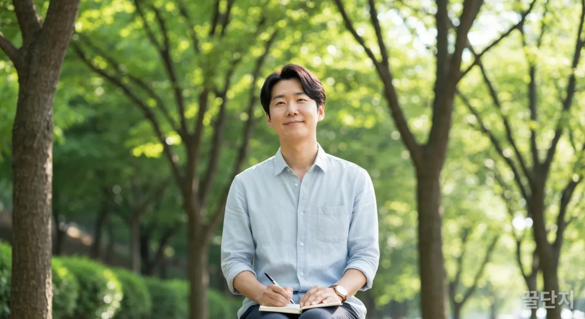공원에서 감사 일기를 쓰고 있는 차분한 모습의 한국인
