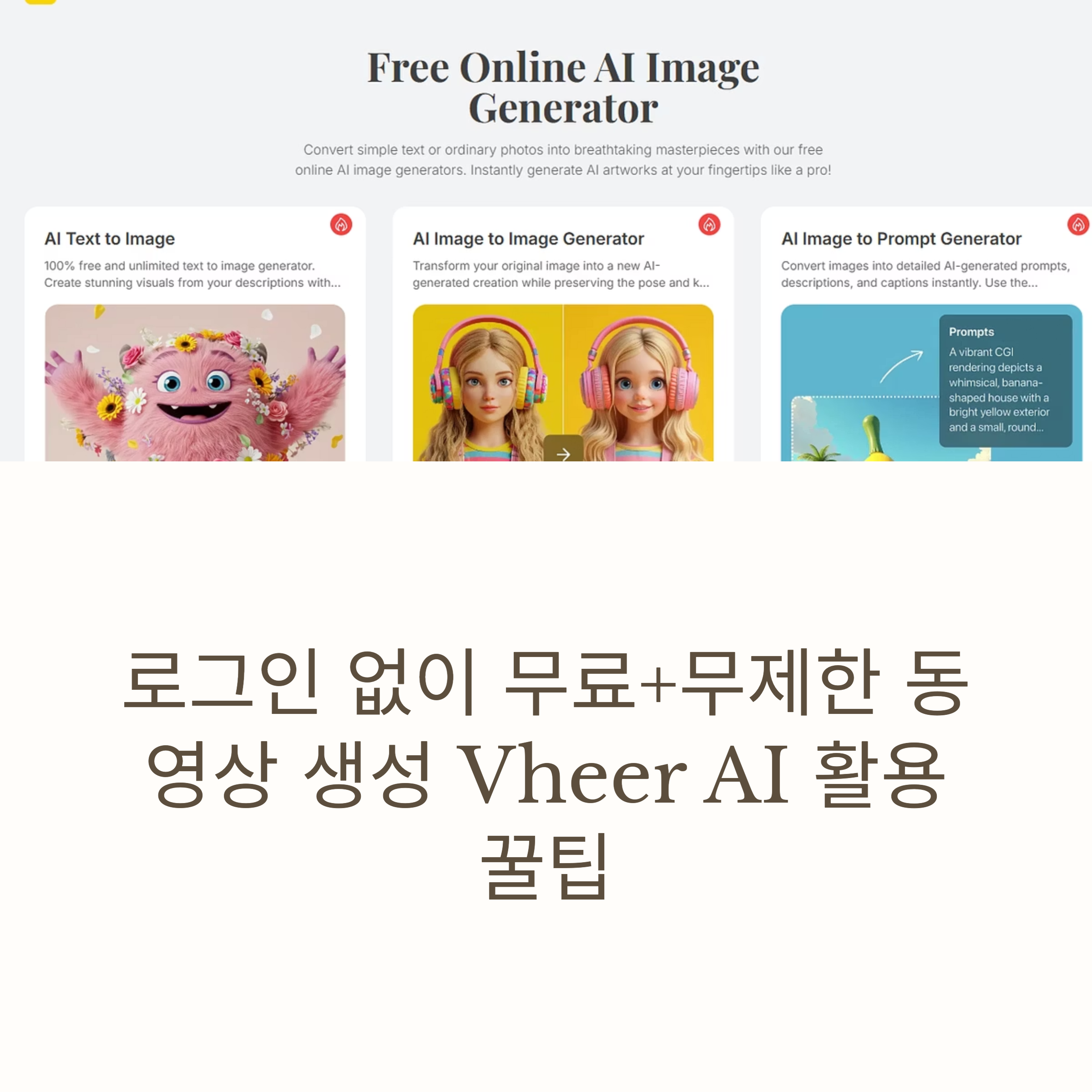 회원가입 없이 AI 요약, 번역, 음성변환, 이미지 생성까지!
Vheer AI의 핵심 기능과 실전 꿀팁을 지금 확인해보세요.
누구나 쉽게 바로 사용 가능합니다.