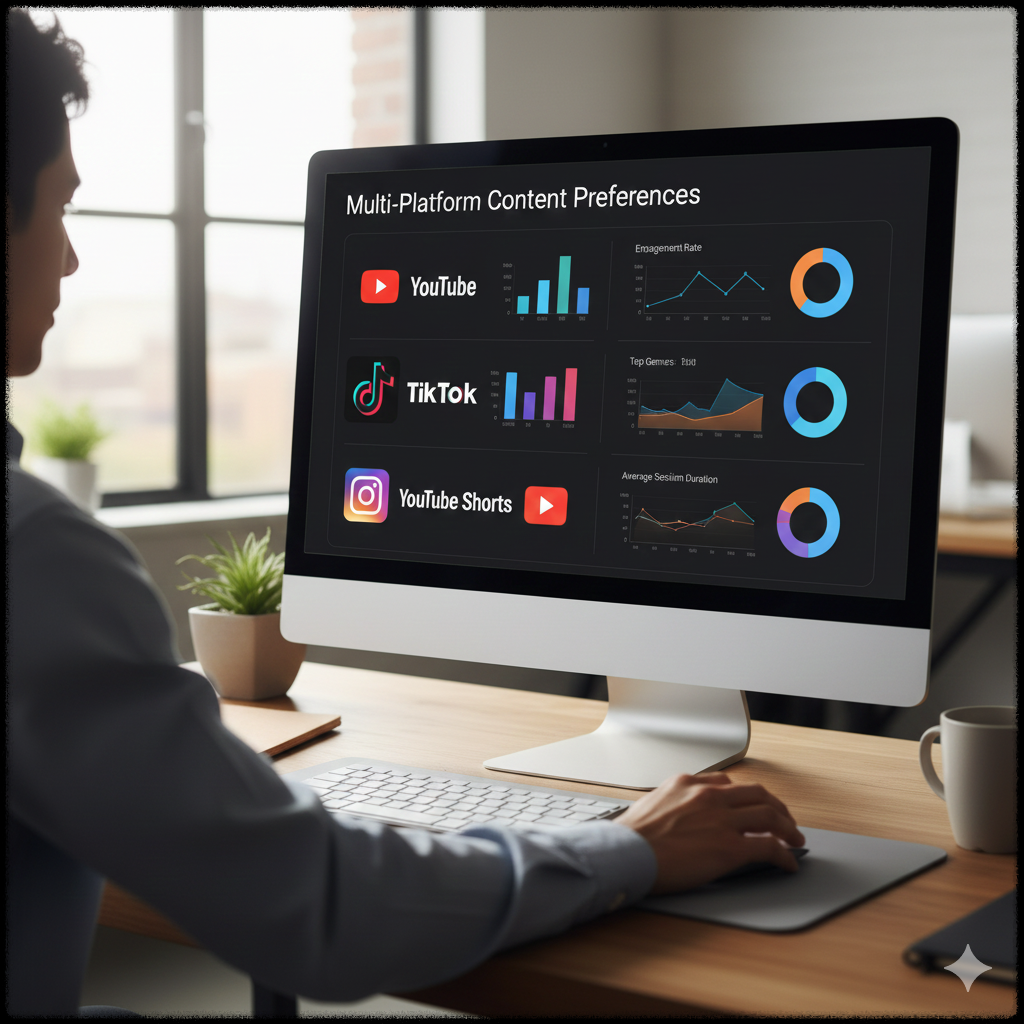 사용자가 다양한 SNS 플랫폼의 선호 콘텐츠 흐름이 담긴 리포트를 검토하는 모습