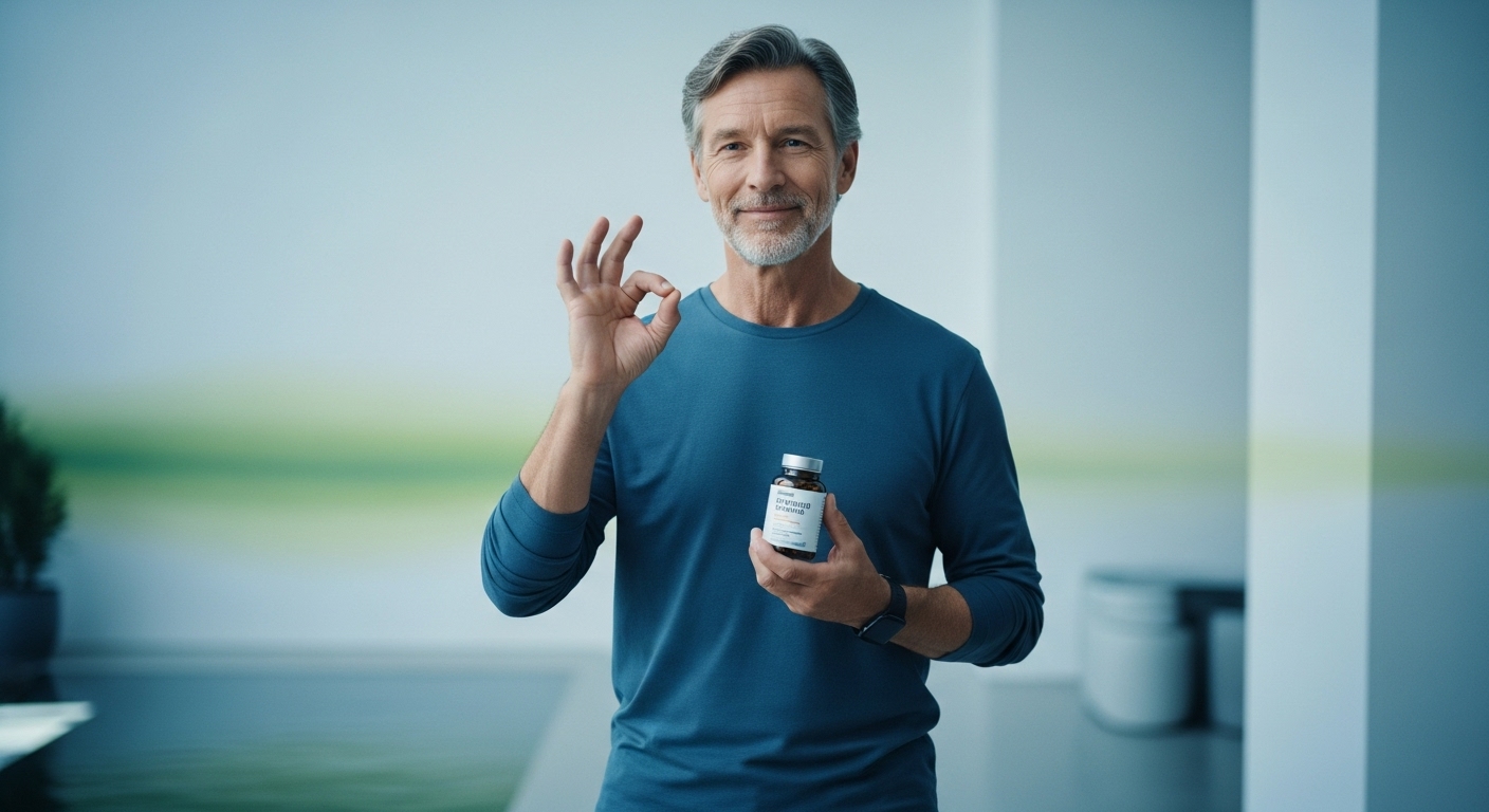 활력 있고 건강해 보이는 50대 남성이 필수 영양제를 들고 만족스러운 미소를 짓고 있는 모습