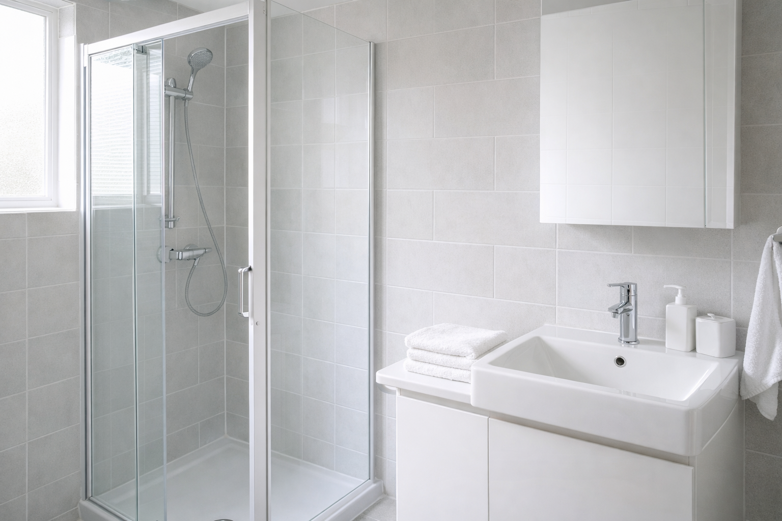 욕실 곰팡이 줄이는 환기 습관과 청소 포인트를 설명하는 정돈된 욕실 이미지