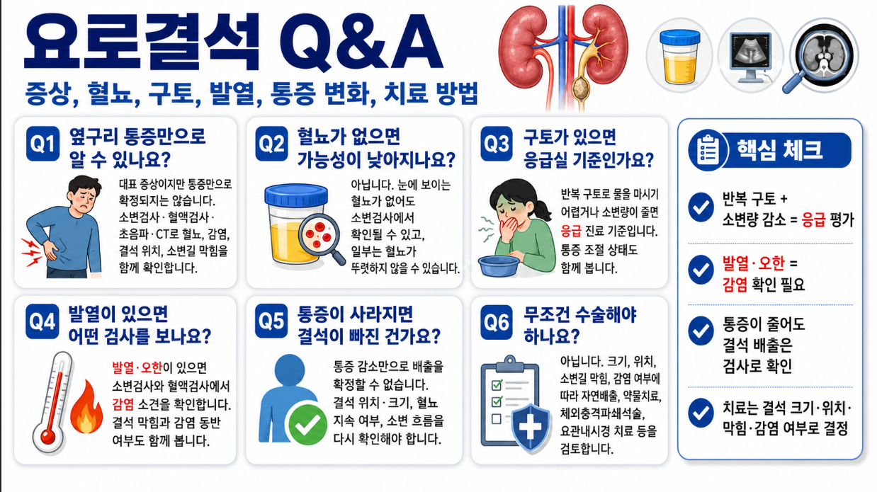 요로결석 Q&A 형식으로 옆구리 통증, 혈뇨, 구토, 발열, 통증 변화, 수술 여부를 설명한 의학 인포그래픽