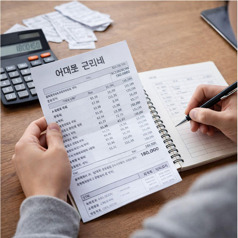 아파트 관리비 고지서를 보며 지출 내역을 확인하는 모습
