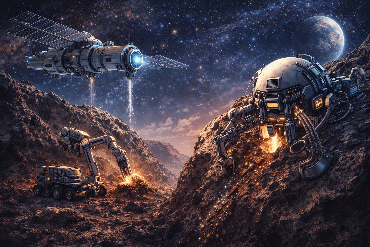 상상의 우주 소행성에서 자원을 추출하는 장면