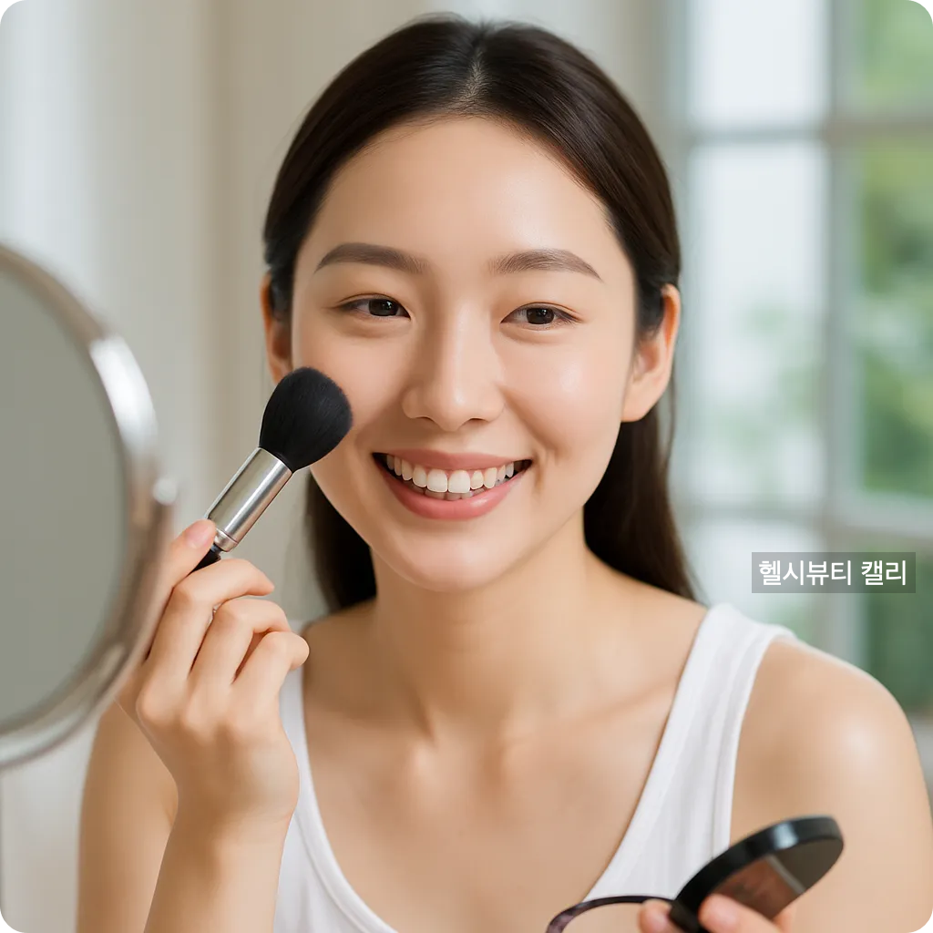 거울을 보며 메이크업하는 밝은 표정의 20대 여성